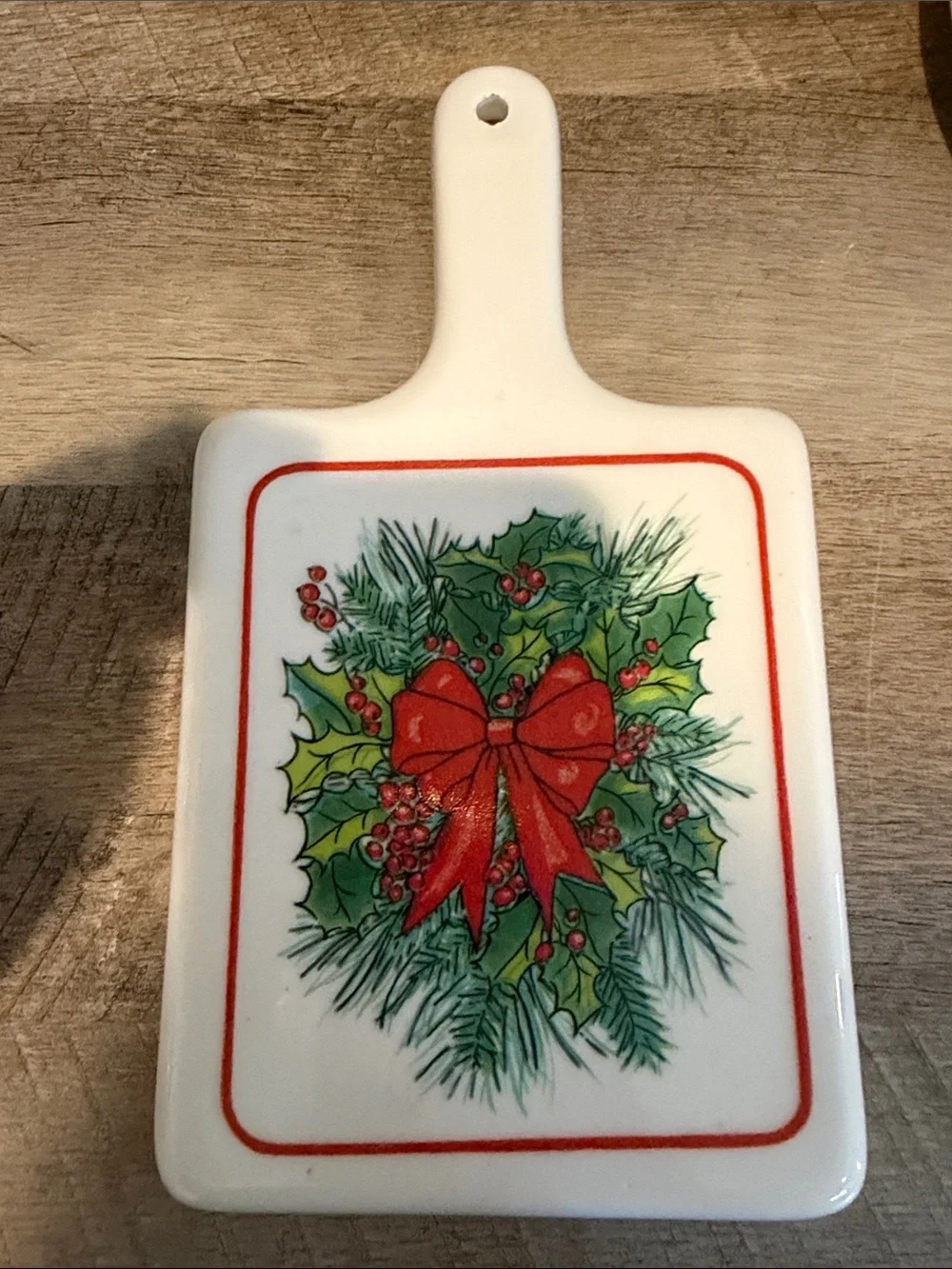 Vintage Ceramic Holiday Trivet with Red Bow Design